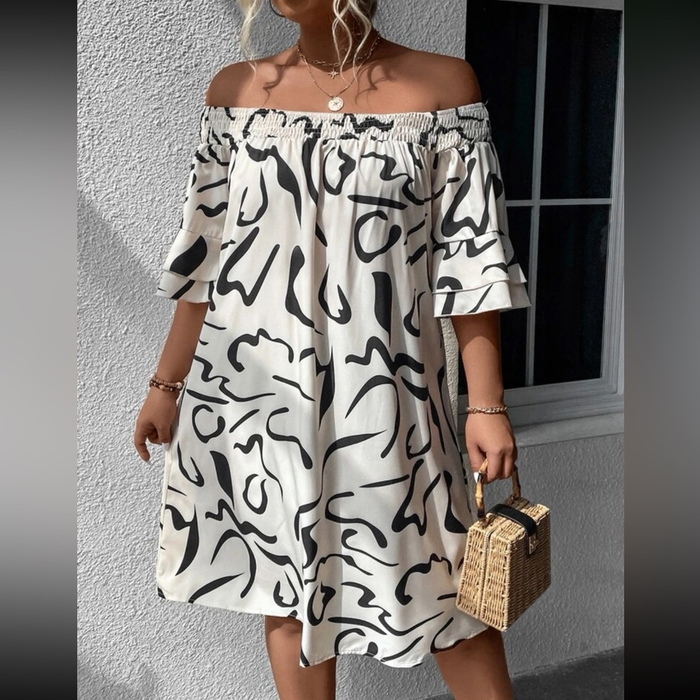 Boho plus size off shoulder flounce sleeve dress